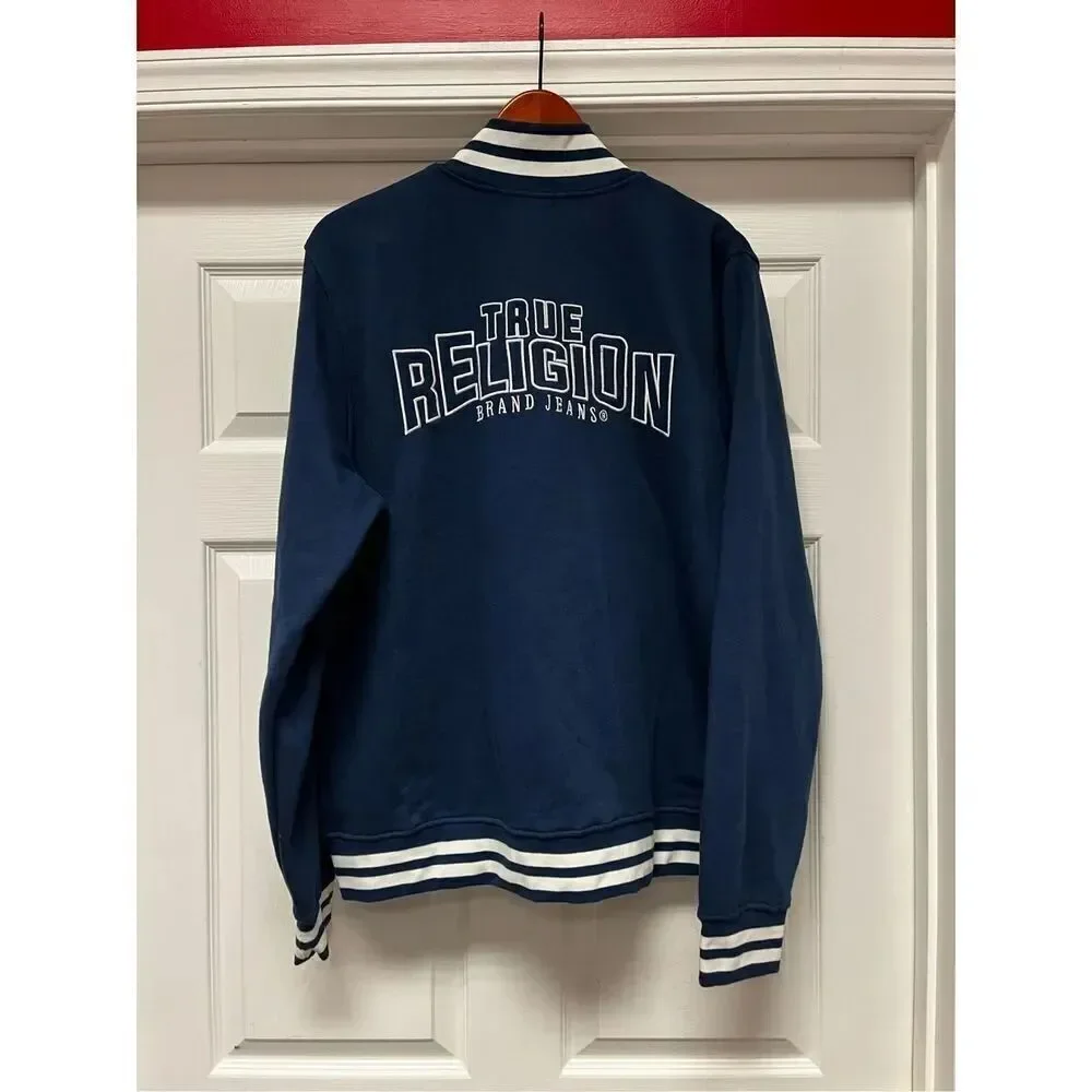 True Religion Navy Embroidered Insignia Varsity Jacket sz L NWT